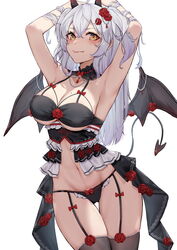  absurdres armpits arms_up bad_id bad_pixiv_id black_panties black_thighhighs blush bow bow_panties breasts cleavage closed_mouth commentary cowboy_shot crossed_bangs demon_girl demon_horns demon_tail demon_wings female garter_straps hair_ornament highres horns large_breasts looking_at_viewer mole mole_on_breast navel oerba_yun_fang original panties simple_background skirt smile solo tail thigh_gap thighhighs thighs underwear white_background white_hair wings yellow_eyes yukiaka 