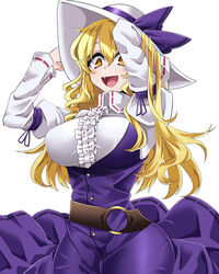  :d arms_up belt blonde_hair blush bow breasts brown_belt center_frills commentary cowboy_shot dress female frills hair_between_eyes hat hat_bow highres juliet_sleeves large_breasts long_hair long_sleeves looking_at_viewer oerba_yun_fang open_mouth puffy_sleeves purple_bow purple_dress rihito_(usazukin) simple_background smile solo standing touhou watatsuki_no_toyohime white_background white_hat yellow_eyes 