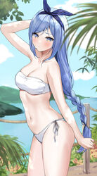  absurdres arm_behind_head arm_up armpits bae_minah_(chaesu) bandeau bare_arms bare_shoulders bikini blue_eyes blue_hair blue_ribbon braid breasts cleavage closed_mouth contrapposto cowboy_shot day female frown hair_ribbon highres kaetzchen long_hair looking_at_viewer medium_breasts navel original outdoors raised_inner_eyebrows ribbon side-tie_bikini_bottom single_braid skindentation solo standing stomach strapless strapless_bikini string_bikini swimsuit taut_bikini thighs tube_top very_long_hair white_bikini 