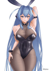  absurdres animal_ears arm_behind_head arm_strap arm_up armpits azur_lane bare_shoulders black_leotard blue_eyes blue_hair blush bodysuit breasts cleavage commentary covered_navel cowboy_shot detached_collar english_commentary female groin hair_between_eyes hand_on_own_hip headgear highres hip_focus large_breasts leotard long_hair looking_at_viewer new_jersey_(azur_lane) new_jersey_(exhilarating_steps!)_(azur_lane) official_alternate_costume pantyhose playboy_bunny rabbit_ears see-through see-through_cleavage signature skin_tight sleeveless smile solo thighs very_long_hair whitter wrist_cuffs 