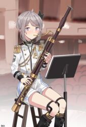  absurdres ahoge bad_perspective bassoon black_footwear black_ribbon blush boots brown_socks commentary cross-laced_footwear epaulettes female gar32 girls&#039;_frontline grey_hair hair_ribbon highres holding holding_instrument instrument jacket kneehighs lace-up_boots long_sleeves m200_(girls&#039;_frontline) m200_(solemn_march)_(girls&#039;_frontline) music music_stand official_alternate_costume parted_bangs playing_instrument purple_eyes ribbon short_shorts shorts sidelocks sitting socks solo tassel white_jacket white_shorts 