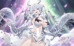  armor asymmetrical_dual_wielding blush breasts chinese_commentary cleavage commentary dual_wielding duel_monster female gauntlets grey_eyes grey_hair highres holding horns huge_breasts lady_labrynth_of_the_silver_castle looking_at_viewer lovely_labrynth_of_the_silver_castle multiple_weapons open_mouth pauldrons shoulder_armor solo sword twintails weapon xiujia_yihuizi yu-gi-oh! 