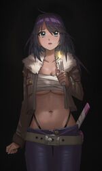  absurdres belt black_background black_panties black_pants breasts brown_jacket candle chest_sarashi collarbone commentary female fire fur_trim highres holding holding_candle indie_virtual_youtuber jacket kson large_breasts midriff navel no_shirt open_clothes open_jacket open_mouth panties pants purple_hair sarashi sheath sheathed solo souchou sword symbol-only_commentary underboob underwear virtual_youtuber weapon white_belt xiaoju_xiaojie 