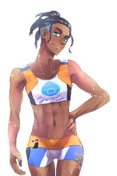  1boy abs alternate_costume bare_arms bike_shorts black_hair closed_mouth commentary_request cosplay cowboy_shot dark-skinned_male dark_skin earrings fingernails green_eyes gym_trainer_(pokemon) gym_trainer_(pokemon)_(cosplay) hand_on_own_hip highres jewelry looking_at_viewer male_focus navel nyoripoke pokemon pokemon_swsh raihan_(pokemon) shiny_skin short_hair simple_background smile solo sparkle sports_bra undercut white_background 