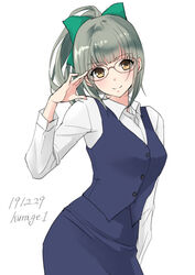  alternate_costume bad_id bad_twitter_id bespectacled blue_skirt blue_vest bow brown_eyes dated female glasses green_bow green_hair hairbow kantai_collection kurage1 office_lady one-hour_drawing_challenge ponytail rimless_eyewear shirt simple_background skirt smile solo twitter_username vest white_background white_shirt yuubari_(kancolle) 