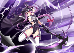  black_cape black_capelet black_cloak black_leotard cape capelet chains cloak collar fate/grand_order fate_(series) female harpe highres holding holding_scythe hood hooded_cloak leotard long_braid long_hair looking_at_viewer medusa_(fate) medusa_(lancer)_(fate) purple_eyes purple_hair red_collar scythe solo thighhighs to_kinji 