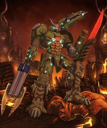  arm_blade assault_visor battle blue_visor clenched_hand commentary crucible_(doom) cyberdemon demon doom_(series) doom_eternal doomguy english_commentary gun gundam highres holding holding_gun holding_weapon lava looking_down mark_of_the_doom_slayer mecha mechanization no_humans robot science_fiction shotgun solo substance20 v-fin weapon 