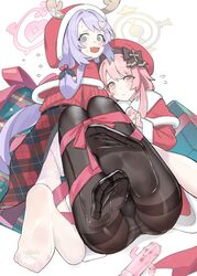  2girls :&lt; @_@ absurdres antlers ass beret black_pantyhose blue_archive blue_eyes bound capelet closed_mouth commentary dress embarrassed fake_antlers feathers feet flying_sweatdrops foot_focus frown fur-trimmed_capelet fur_trim hair_ornament halo hanae_(blue_archive) hanae_(christmas)_(blue_archive) haniwa_(statue) hat heart heart_hair_ornament highres holding_hands holly_hair_ornament horns kilabo legs long_hair low_twintails medium_hair multiple_girls no_shoes oerba_yun_fang official_alternate_costume open_mouth panties panties_under_pantyhose pantyhose pink_eyes pink_hair purple_hair red_capelet red_headwear red_ribbon reindeer_antlers ribbon ribbon_bondage santa_dress santa_hat serina_(blue_archive) serina_(christmas)_(blue_archive) skin_fang smile soles spread_toes sweatdrop swept_bangs symbol-only_commentary thighband_pantyhose thighs toes twintails underwear very_long_hair white_panties white_pantyhose 