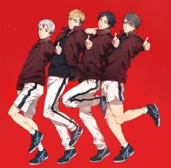  4boys black_hair black_shirt blonde_hair brothers expressionless eyebrows full_body grey_hair grin haikyuu!! hand_up height_difference jacket kita_shinsuke korean_commentary long_sleeves looking_at_viewer male_focus miya_atsumu miya_osamu multicolored_hair multiple_boys nokgaknk open_clothes open_jacket pants parted_lips red_background shirt shoes short_hair shorts siblings smile sneakers standing standing_on_one_leg suna_rintarou teeth thumbs_up track_jacket track_pants twins two-tone_hair 