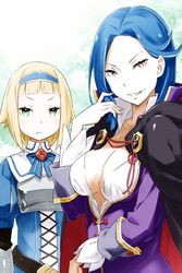  2girls bad_id bad_pixiv_id black_cape blonde_hair blue_bow blue_eyes blue_hair blunt_bangs bow bowtie breasts cape carol_(re:zero) cleavage colorized ddukae frown green_eyes hairband hand_up heterochromia highres long_hair long_sleeves looking_at_viewer medium_breasts multiple_girls ootsuka_shin&#039;ichirou re:zero_kara_hajimeru_isekai_seikatsu roswaal_j._mathers short_hair smile spoilers third-party_edit upper_body yellow_eyes 