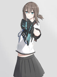  absurdres aiming aiming_at_viewer aqua_eyes bad_id bad_pixiv_id black_skirt brown_hair cowboy_shot dominator_(gun) female fubuki_(kancolle) fubuki_kai_ni_(kancolle) grey_background gun highres holding holding_gun holding_weapon kantai_collection looking_at_viewer low_ponytail midriff_peek navel pleated_skirt ponytail psycho-pass rynn_(rynn_cube) school_uniform serafuku short_ponytail sidelocks simple_background skirt solo weapon 