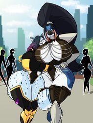  absurd_res anthro armor avian big_breasts bird black_hair boots breasts cheek_markings city clothing crowd duo elpis_dugan facial_markings felid female footwear gauntlets gloves greaves grimm_(famwammer) group hair handwear head_markings head_on_breast hi_res highlights_(coloring) huge_breasts legwear leotard lips mammal markings pantherine penguin romantic romantic_couple snow_leopard superhero thebigbadwolf01 thick_bottom_lip thigh_boots thigh_highs walking 