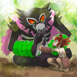  1boy ariga_hitoshi arm_support barefoot brown_hair brown_shorts colored_sclera green_eyes grin hand_on_another&#039;s_hand highres koko_(pokemon) looking_up male_focus orange_sclera palms_together pokemon pokemon_(anime) pokemon_(creature) pokemon_the_movie:_secrets_of_the_jungle shorts signature smile squatting teeth toes topless_male torn_clothes torn_shorts two_side_up zarude 