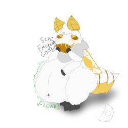  4_arms ambiguous_gender antennae_(anatomy) anthro arthropod arthropod_abdomen ass belly big_belly big_butt blush cheek_tuft domiel domiel_(character) eating eating_food english_text enjoying_food eye_roll facial_tuft food food_in_mouth fur grey_body grey_fur head_tuft hi_res holding_food holding_object huge_belly insects lepidopteran male_(lore) meat moth multi_arm multi_limb narrowed_eyes navel neck_tuft obese obese_ambiguous obese_anthro overweight overweight_ambiguous overweight_anthro rumbling_stomach simple_background solo sound_effects standing talking_to_self text thick_thighs tuft turkey_meat white_background white_body white_fur wings yellow_blush yellow_body yellow_eyes yellow_fur 
