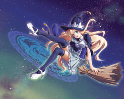  afilia_magic_senior_high_school blonde_hair blue_eyes broom broom_riding commentary_request female hat long_hair magic_circle mary_janes photoshop_(medium) shoes skirt solo space thighhighs totsuki_touka_(orange_factory) witch_hat 