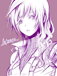  &eacute;clair_farron character_name commentary female final_fantasy final_fantasy_xiii jacket looking_at_viewer monochrome parted_lips purple_background purple_theme short_hair_with_long_locks simple_background single_sidelock solo strap tamaki-7kg turtleneck upper_body wavy_hair 