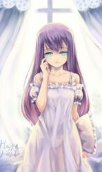  birthday blue_eyes bryanth commentary_request english_text engrish_text female happy_birthday highres kazahana_mashiro long_hair my-hime nightgown panties photoshop_(medium) pillow purple_hair ranguage see-through solo tears underwear 