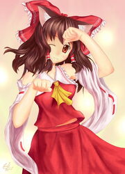  :3 animal_ears bad_id bad_pixiv_id bow brown_eyes brown_hair c.z. cat_ears detached_sleeves female hairbow hakurei_reimu kemonomimi_mode one_eye_closed paw_pose red_bow red_skirt skirt solo touhou 