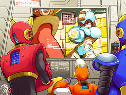  3boys arm_cannon bad_id bad_pixiv_id banana blood crash_man drill flash_man food fruit heat_man male_focus mega_man_(character) mega_man_(classic) mega_man_(series) mega_man_2 monitor multiple_boys nosebleed powering_up proto_man quick_man torn_clothes weapon zakki 