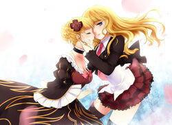  2girls bad_id bad_pixiv_id beatrice_(umineko) blonde_hair breasts cleavage dress dual_persona flower frills hair_down hair_ornament medium_breasts meimone multiple_girls necktie photoshop_(medium) pink_necktie skirt thighhighs umineko_no_naku_koro_ni yuri zettai_ryouiki 