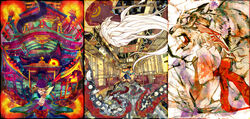  1boy bakeneko bandana blonde_hair blue_eyes bodypaint colorful commentary_request facepaint highres japanese_clothes jewelry kimono komainu kusuriuri_(mononoke) long_hair makeup male_focus medallion mononoke necklace obi octopus ofuda pointy_ears sash sun_symbol tiger torii train_interior umbrella vanishing_point white_hair zain 