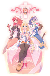  4girls alouette_(la_pucelle) angel armor armored_dress blonde_hair blue_eyes blush bow box breasts brown_legwear chocolate closed_eyes cross earrings eclair_(la_pucelle) gloves green_eyes heart huge_breasts instrument jewelry la_pucelle multiple_girls necklace orange_hair pantyhose prier purple_hair red_eyes red_hair ribbon ryoji_(nomura_ryouji) shoes sweat trumpet valentine wings 