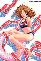  ;d ahoge barefoot bikini brown_hair copyright_name english_text feet female flag_print flat_chest hair_ornament hairclip innertube jpeg_artifacts legs navel nishimata_aoi one_eye_closed open_mouth pink_eyes pointing print_bikini ribbon short_hair short_twintails sister_princess smile solo swim_ring swimsuit tankini text_focus twintails union_jack yotsuba_(sister_princess) 