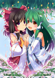  2girls bow brown_hair cheek-to-cheek commentary_request detached_sleeves flower frog green_hair hair_ornament hairbow hakurei_reimu heads_together holding_hands interlocked_fingers kochiya_sanae lily_(flower) long_hair masa_(miyabitei) multiple_girls open_mouth purple_eyes smile touhou yellow_eyes 