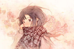  black_hair blush commentary_request crying crying_with_eyes_open enpera female flower grey_eyes long_hair long_sleeves plaid plaid_scarf sad sayoko_(sayonara_memories) sayonara_memories_(supercell) scarf sleeves_past_wrists solo supercell_(band) sweater tears upper_body yuu_(plasm) 