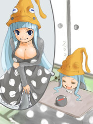  blue_eyes blue_hair breast_conscious breasts cleavage clothes_lift commentary_request dreaming eruka_frog female ginjyasei hat huge_breasts kotatsu long_hair pantyhose saliva skirt skirt_lift sleeping smile soul_eater table witch wizard_hat 