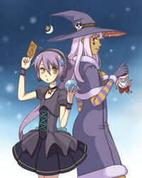  2girls ball black_santa_costume card commentary_request doll dress earrings hat holding holding_card jewelry long_hair moon multiple_girls ponytail purple_hair santa_costume shirayuki_usami skull star_(symbol) stella_(trickster) trickster_(ntreev_soft) voodoo_doll witch witch_hat witch_la_befana_(trickster) yellow_eyes 