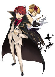  1boy back back-to-back backless_outfit bad_id bad_pixiv_id bare_back beatrice_(umineko) blonde_hair bug butterfly cape cross dark_red_hair female flower formal hair_bun hair_flower hair_ornament kiseru lesskiss red_eyes red_hair short_hair single_hair_bun smile smoke smoking_pipe suit umineko_no_naku_koro_ni ushiromiya_battler 