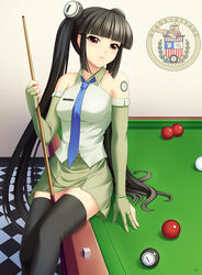  athrun1120 ball billiard_ball billiards black_hair blunt_bangs brown_eyes checkered_floor commentary_request cue_stick elbow_gloves female fingerless_gloves gloves hime_cut long_hair necktie personification perspective photoshop_(medium) skirt solo stage1_girl stage1st tattoo thighhighs twintails zettai_ryouiki 