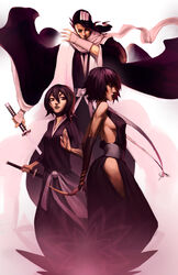  1boy 2girls black_hair bleach breasts gloves haori highres japanese_clothes kuchiki_byakuya kuchiki_rukia long_hair matt_lau medium_breasts multiple_girls photoshop_(medium) realistic scarf shikai sideboob sode_no_shirayuki sui-feng suzumebachi_(shikai) sword taichou_haori weapon 