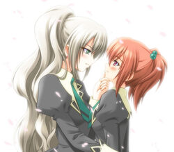  2girls aoi_nagisa bad_id bad_pixiv_id blush brown_hair eye_contact grabbing_another&#039;s_chin green_eyes grey_hair hair_bobbles hair_ornament hanazono_shizuma hand_on_another&#039;s_chin long_hair looking_at_another multiple_girls necktie photoshop_(medium) ponytail red_eyes school_uniform shiumai strawberry_panic! very_long_hair yuri 