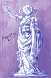  animal_ears augustus augustus_of_prima_porta cane cat_ears commentary_request demon_tail featherine_augustus_aurora fine_art_parody frederica_bernkastel horns marble_(stone) marble_sculpture name_connection no_humans obi orange541 parody photoshop_(medium) roman_empire sash statue still_life tail toga umineko_no_naku_koro_ni wings 