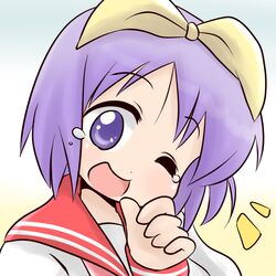  commentary_request female hiiragi_tsukasa lucky_star maiko_(yoshida308) one_eye_closed purple_eyes purple_hair ryouou_school_uniform school_uniform serafuku short_hair solo tears 