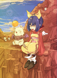  bow closed_eyes commentary_request eiko_carol female final_fantasy final_fantasy_ix horns moogle posca purple_hair ribbon short_hair single_horn solo wings yellow_bow 