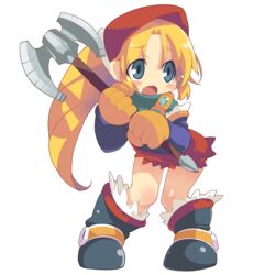  aqua_eyes axe blonde_hair blue_eyes blush blush_stickers boots commentary_request female full_body gloves headdress holding holding_axe long_hair meythia open_mouth saga saga_frontier_2 simple_background solo standing tears turtleneck weapon white_background zankuro 