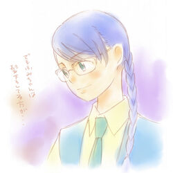  aoi_hana blue_hair braid commentary_request female glasses green_eyes manjoume_fumi necktie photoshop_(medium) smile solo totsuki_touka_(orange_factory) translated 