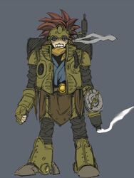  1boy armor bad_id bad_pixiv_id chrono_trigger cosplay crono_(chrono_trigger) fusion headband kuruuya male_focus red_hair robo_(chrono_trigger) robo_(chrono_trigger)_(cosplay) robot simple_background solo spiked_hair steam steampunk 