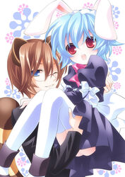  1boy :d animal_ears bad_id bad_pixiv_id blue_hair blush brown_hair bunny_(trickster) bunny_maid_(trickster) dress female flower glasses grin hairband hat maid maid_headdress moru one_eye_closed open_mouth rabbit_ears raccoon_(trickster) raccoon_ears raccoon_tail red_eyes ribbon short_hair smile tail thighhighs trickster_(ntreev_soft) white_thighhighs zettai_ryouiki 