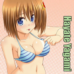  :p bikini bikini_tan blue_eyes blush breasts brown_hair character_name cleavage commentary_request female hair_ornament halftone halftone_background lask looking_at_viewer lyrical_nanoha mahou_shoujo_lyrical_nanoha_strikers medium_breasts navel short_hair solo striped_bikini striped_clothes swimsuit tan tanlines tongue tongue_out upper_body yagami_hayate 