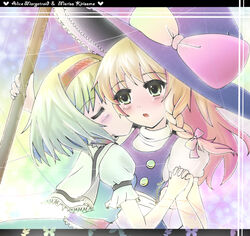  2girls alice_margatroid bad_id bad_pixiv_id blonde_hair braid broom hairband hat kirisame_marisa kissing kissing_cheek long_hair mizuki_miyu multiple_girls touhou witch_hat yellow_eyes yuri 