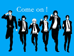  101_(pixiv_692896) 6+boys bad_id bad_pixiv_id belt blue_background blue_theme formal gloves hat hiko_seijuurou himura_kenshin male_focus monochrome multiple_boys necktie pants parody rurouni_kenshin sagara_sanosuke saitou_hajime_(rurouni_kenshin) shinomori_aoshi shishio_makoto smile suit 