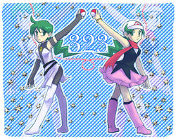  2girls beanie boots bracelet commentary_request dual_persona fingerless_gloves frown gloves green_eyes green_hair hat jewelry knee_boots long_hair mitsumi_(pokemon) mizuno_(mmmizuuu) multiple_girls poke_ball poke_ball_(basic) pokemon pokemon_dppt ponytail scarf skirt smile spoilers star_(symbol) team_galactic 