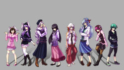  6+girls alternate_costume boots commentary_request contemporary everyone fujiwara_no_mokou houraisan_kaguya imperishable_night inaba_tewi kamishirasawa_keine multiple_girls mystia_lorelei pantyhose reisen_udongein_inaba thighhighs tobi_(pixiv36250) touhou wriggle_nightbug yagokoro_eirin 