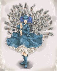  abhaya_mudra absurdres blue_eyes blue_hair commentary_request extra_arms female hair_bobbles hair_ornament hat highres karana_mudra kawashiro_nitori key mechanical_arms michael-x mudra nobiiru_arm qianshou_guanyin short_hair solo too_many touhou twintails two_side_up 