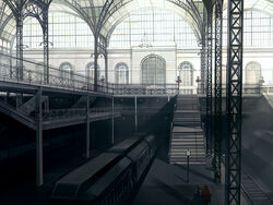  1boy analog_clock clock commentary_request hat indoors new_york_city original pennsylvania_railroad pennsylvania_station railing scenery seo_tatsuya skylight skylight_(architecture) solo stairs train train_attendant train_station travel_attendant uniform 