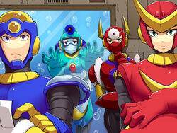  4boys android bad_id bad_pixiv_id bubble bubble_man crossed_arms flash_man gauntlets helmet horns male_focus mega_man_(classic) mega_man_(series) mega_man_2 metal_man multiple_boys quick_man robot shoulder_pads upper_body zakki 